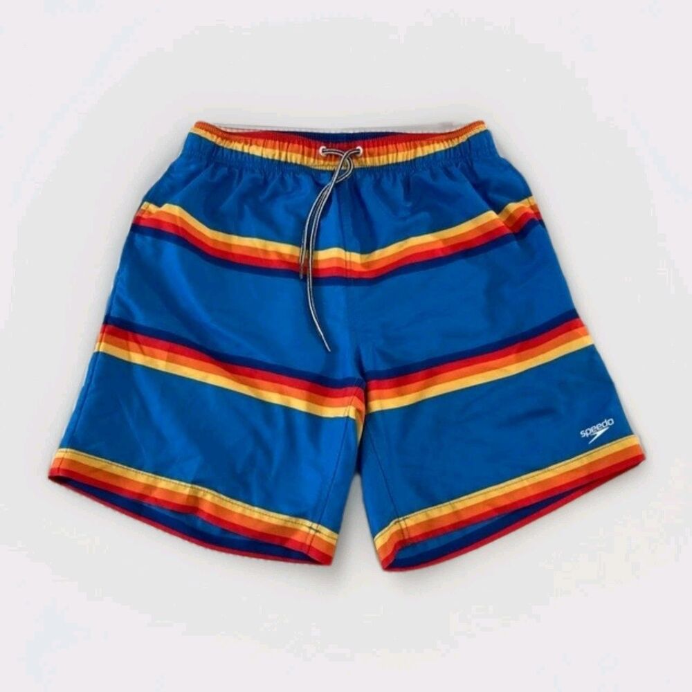 Speedo Mens Swim Trunks M Blue Stripe Quick Dry Beach Swim Shorts Liner